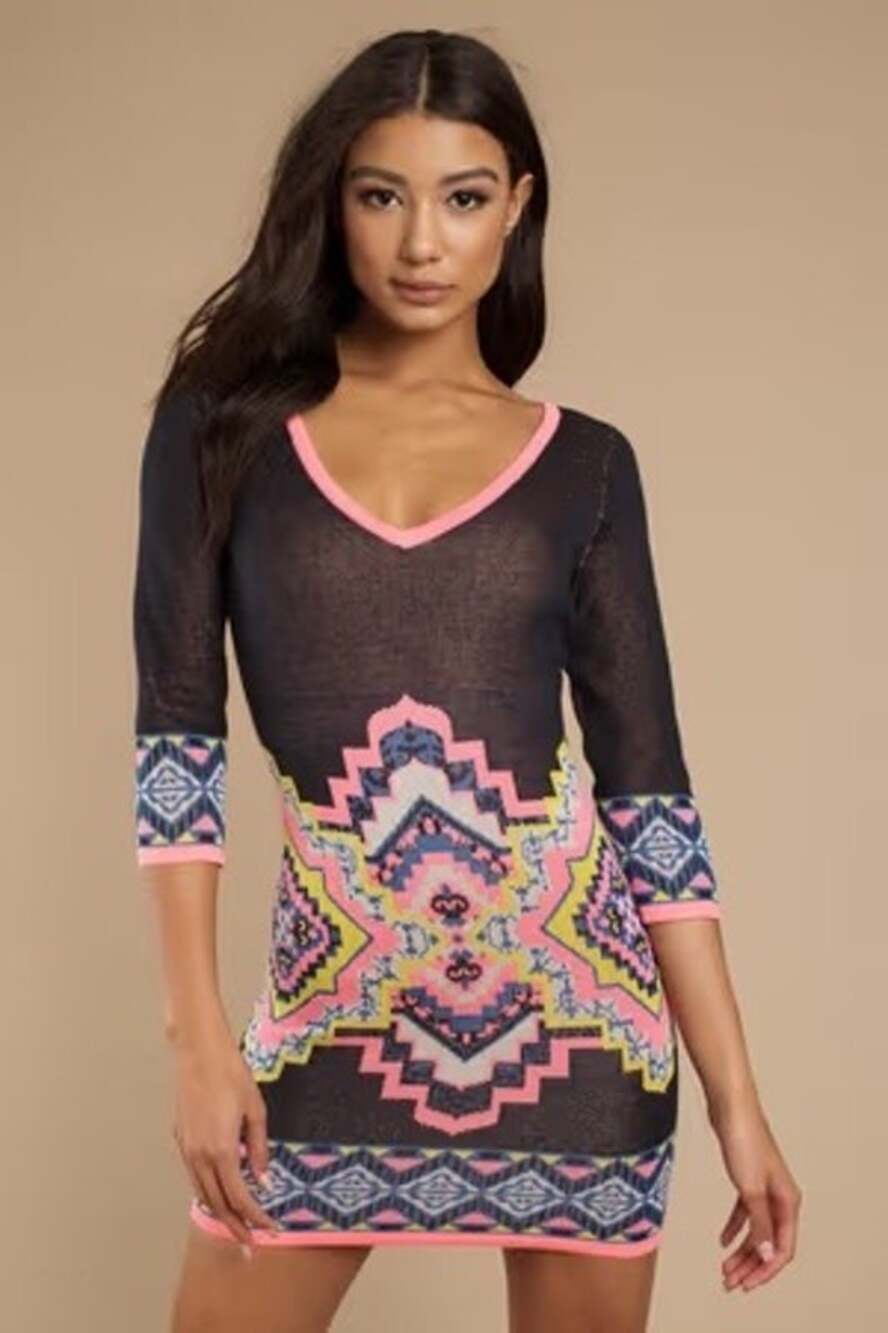 Flying Tomato Black + Pink Aztec Print V Neck Midi Dress Large Clubbing Dancing